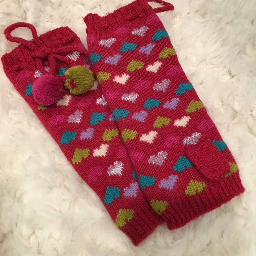 Burgundy Knit Wool Angora Fingerless Gloves Pom Pom Ties Multi Color‎ Hearts New